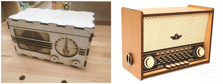 工藝品收音機(jī)激光切割,大族粵銘工藝品激光切割雕刻機(jī),復(fù)古收音機(jī)飾品激光切割雕刻